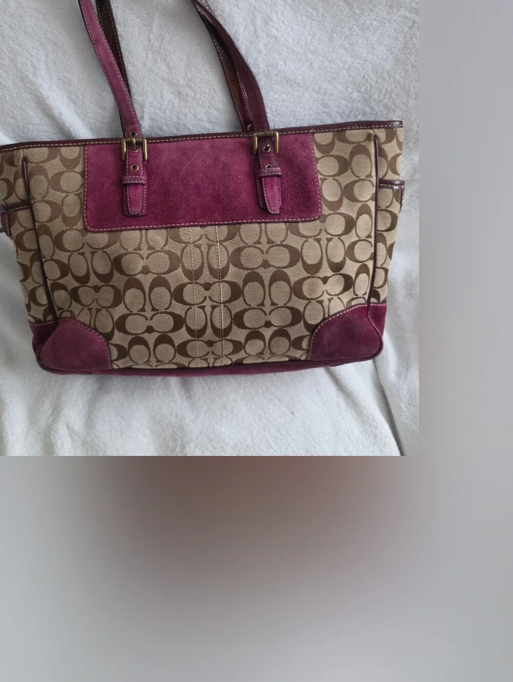 Vintage Y2K Coach Khaki C Wine Purple Suede Patent Trim Gallery Tote Bag RARE!